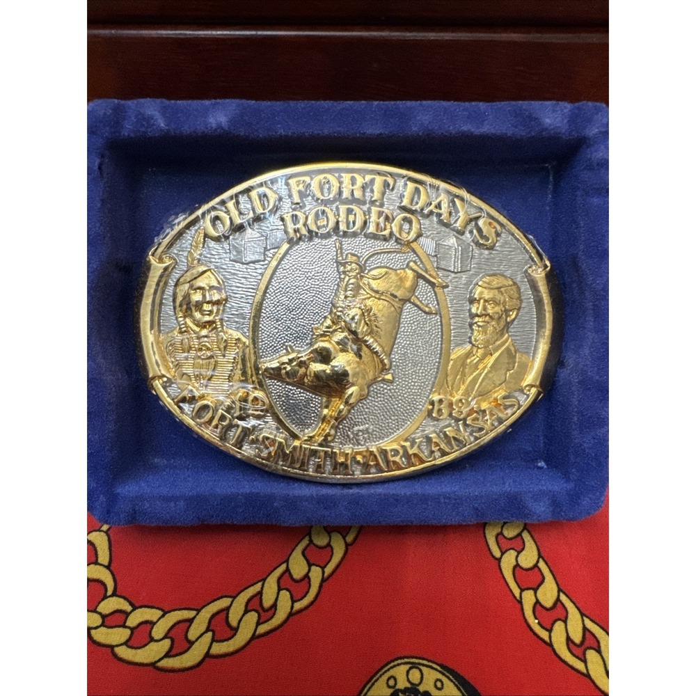 Old Fort Dats Rodeo 1989 Fort Smith Arkansas Belt Buckle NEW! Gold Plated W Box